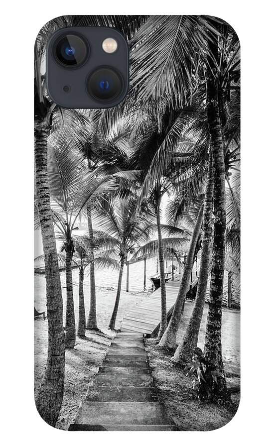 Black iPhone 13 Case featuring the photograph Island Dock Under Palms Black and White by Debra and Dave Vanderlaan