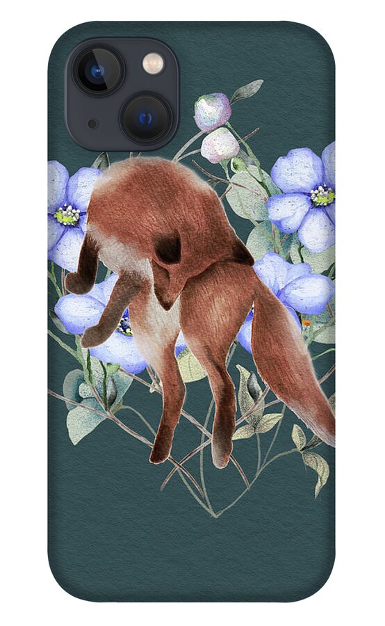 Fox iPhone 13 Case featuring the painting Jumping Fox With Flowers by Garden Of Delights