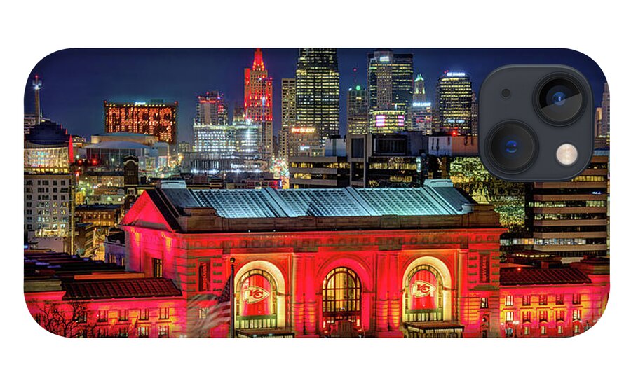 Super Bowl iPhone 13 Case featuring the photograph Kansas City Skyline NIGHT KC Chiefs Union Station Red Panoramic by Jon Holiday