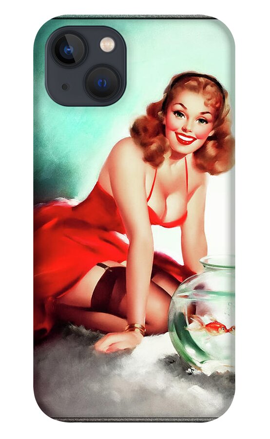Kissing Fish iPhone 13 Case featuring the painting Kissing Fish by Edward Runci Vintage Pin-Up Girl Art by Rolando Burbon