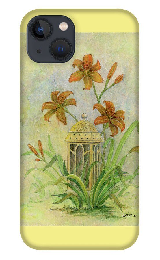 Lilies iPhone 13 Case featuring the mixed media Lantern and Lilies by Sandy Clift
