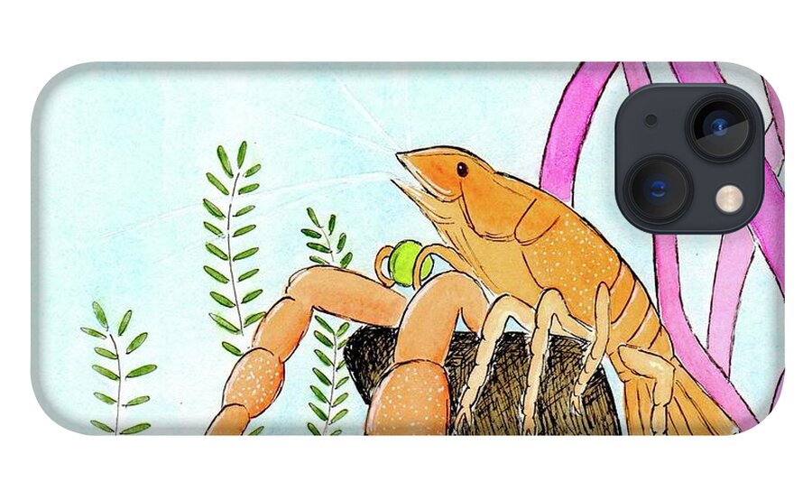 Aquarium iPhone 13 Case featuring the painting Leo the Aquarium Lobster Enjoys a Pea by Donna Mibus