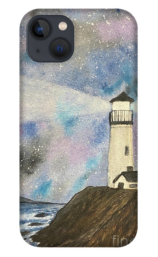 Lighthouse iPhone 13 Case featuring the painting Lighthouse at Night by Lisa Neuman