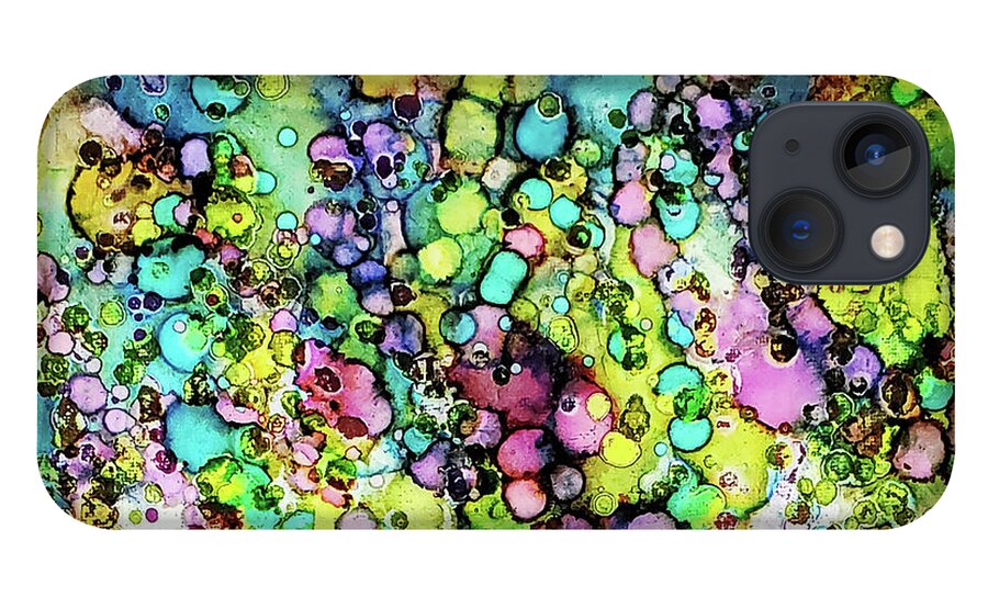 Alcohol Ink iPhone 13 Case featuring the mixed media Lime green, pink and aqua blue by Karla Kay Benjamin