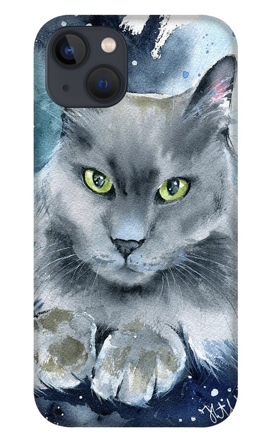 Cat iPhone 13 Case featuring the painting Little C Fluffy Blue Cat Painting by Dora Hathazi Mendes