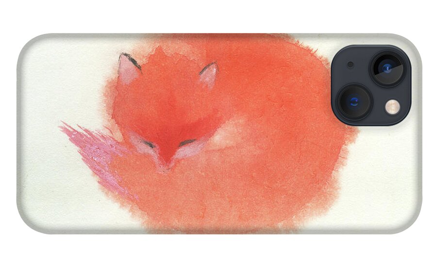 A Red Fluffy Little Fox Curls Up To Sleep In The Snow. It's A Simple Chinese Contemporary Brush Painting On Rice Paper. iPhone 13 Case featuring the painting Little Fox by Mui-Joo Wee