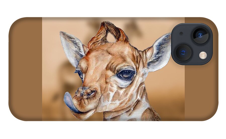 Giraffe iPhone 13 Case featuring the mixed media Little Giraffe's Close-up by Kelly Mills