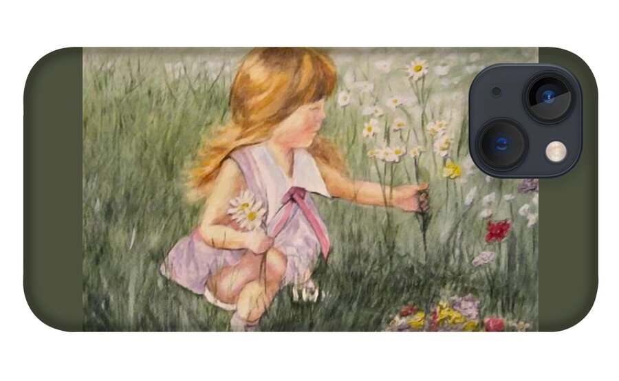Little Girl Painting iPhone 13 Case featuring the mixed media Little Girl Picking Flowers by Kelly Mills
