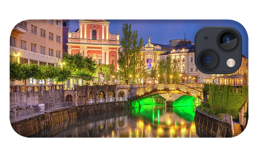 Ljubljana Slovenia iPhone 13 Case featuring the photograph Ljubljanica river and the triple bridge at night, Slovenia by Neale And Judith Clark