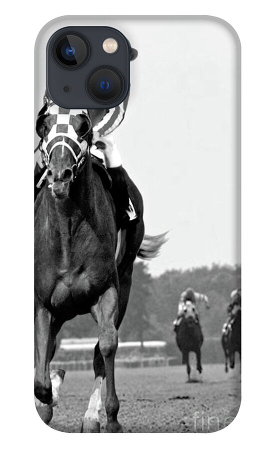 Looking Back iPhone 13 Case featuring the painting Looking back, 1973, Secretariat, stretch run, Belmont Stakes by Thomas Pollart