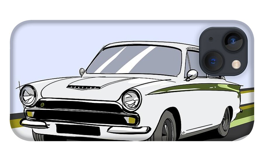 Sports Car iPhone 13 Case featuring the digital art Lotus Cortina Classic British Sports Racing Touring Car - Vector Back Version by Moospeed Art