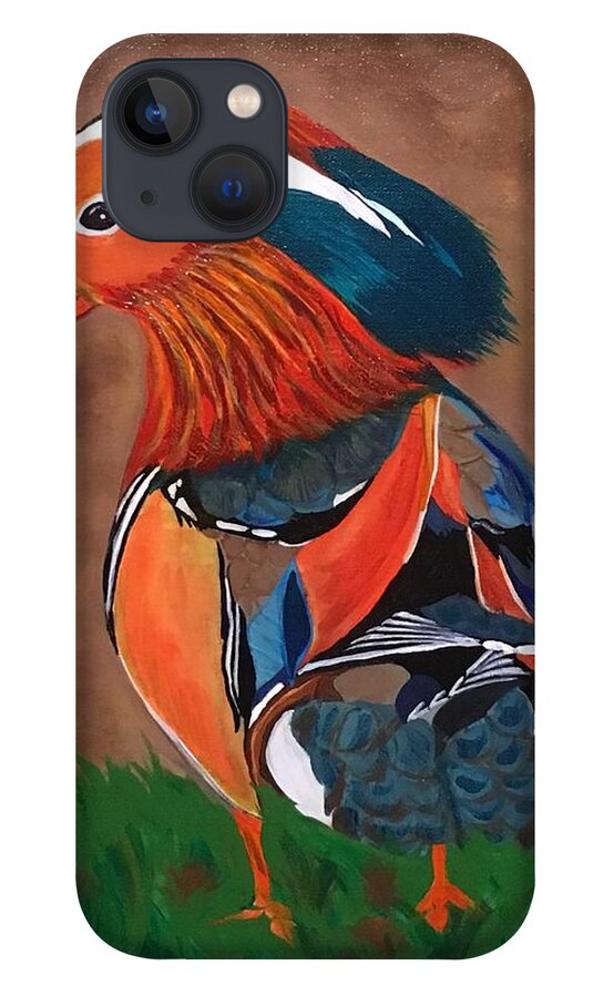  iPhone 13 Case featuring the painting Mandarin Duck-Fowl Play by Bill Manson