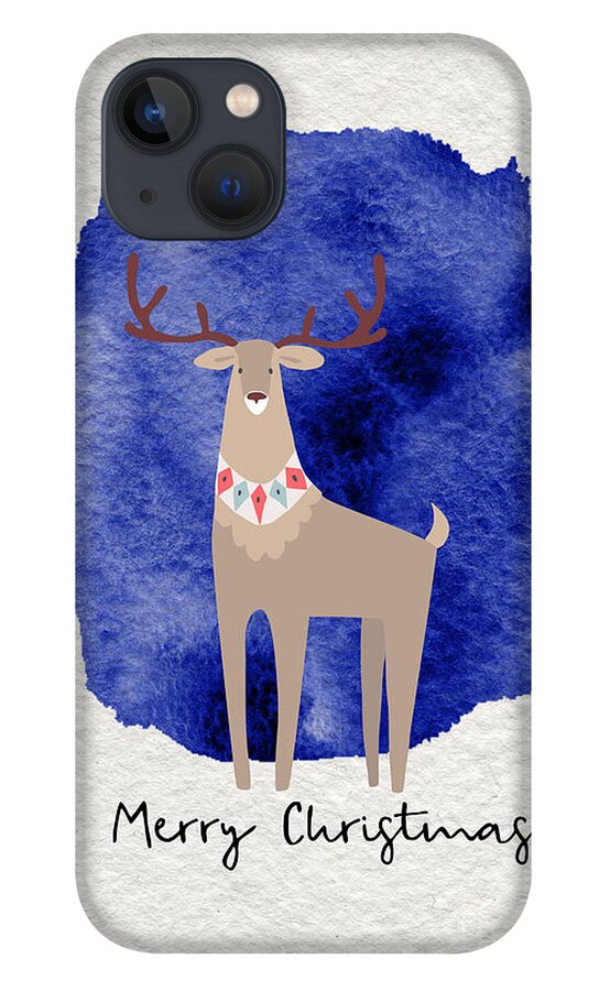 Merry Christmas iPhone 13 Case featuring the painting Merry Christmas Blue Watercolor Deer by Modern Art