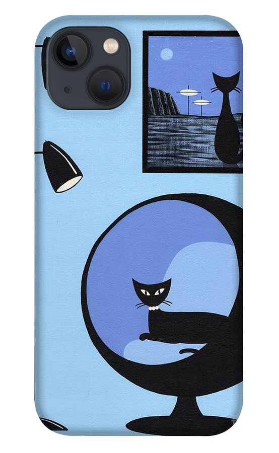 Mid Century Modern Black Cat iPhone 13 Case featuring the mixed media Mini Space Cat Black Ball Chair by Donna Mibus