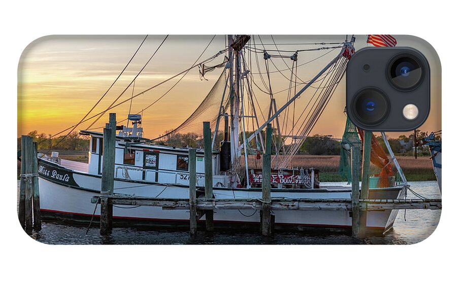 Miss Paula iPhone 13 Case featuring the photograph Miss Paula Shrimp Boat on Shem Creek - Sunset Skies by Dale Powell