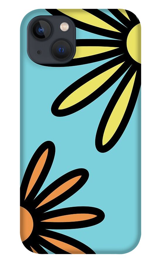 Mod iPhone 13 Case featuring the digital art Mod Flowers 2 on Blue by Donna Mibus