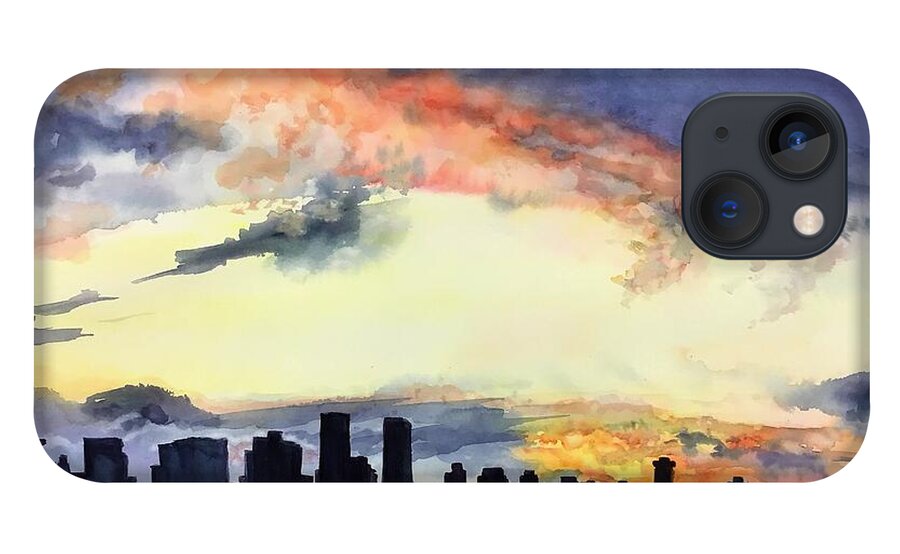 Vancouver Skyline iPhone 13 Case featuring the painting Moody Blues by Sonia Mocnik