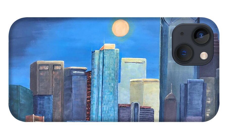 City iPhone 13 Case featuring the painting Moon and Skyline by Deborah Naves