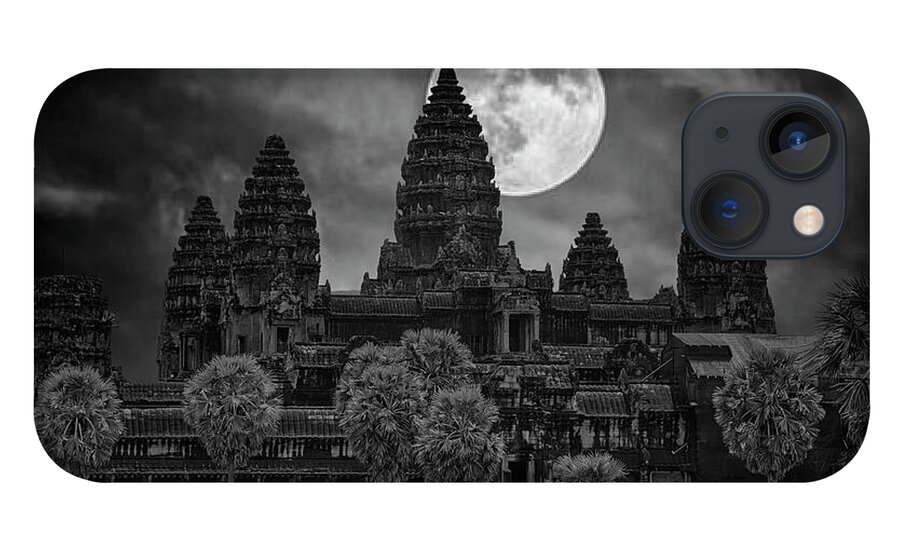 Cambodia iPhone 13 Case featuring the photograph Moon Over Angkor Wat Temples Black White by Chuck Kuhn