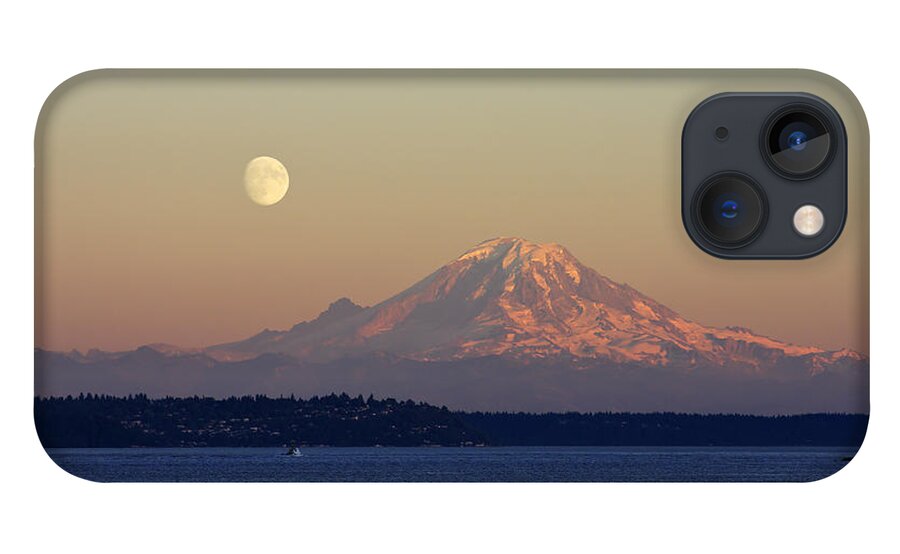 3scape iPhone 13 Case featuring the photograph Moon Over Rainier by Adam Romanowicz