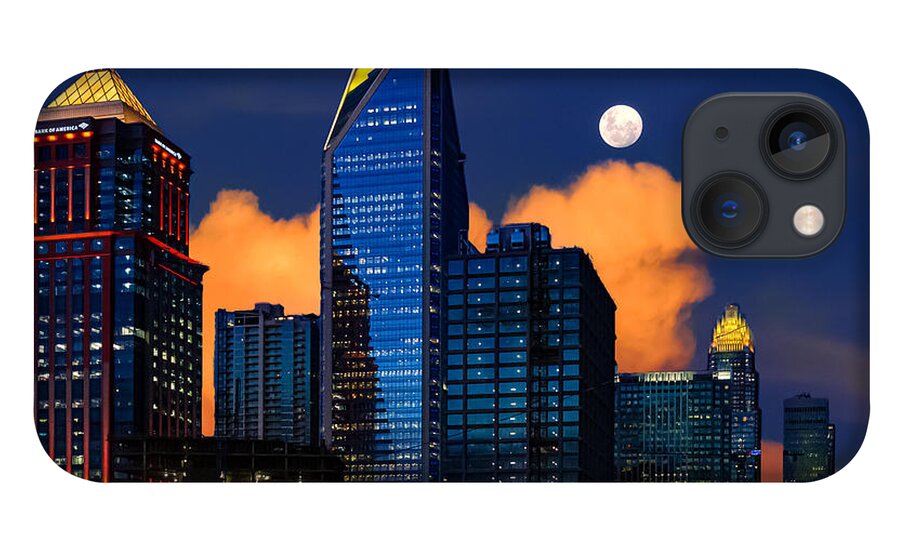 Charlotte iPhone 13 Case featuring the digital art Moon over Uptown Charlotte by SnapHappy Photos