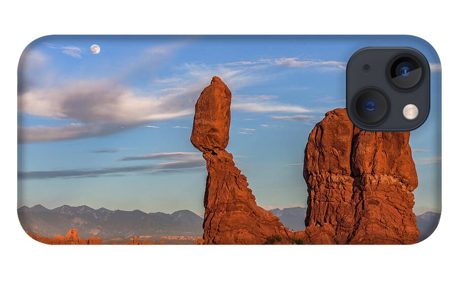 Arches National Park iPhone 13 Case featuring the photograph Moonrise at Sunset - Balanced Rock by Dan Norris