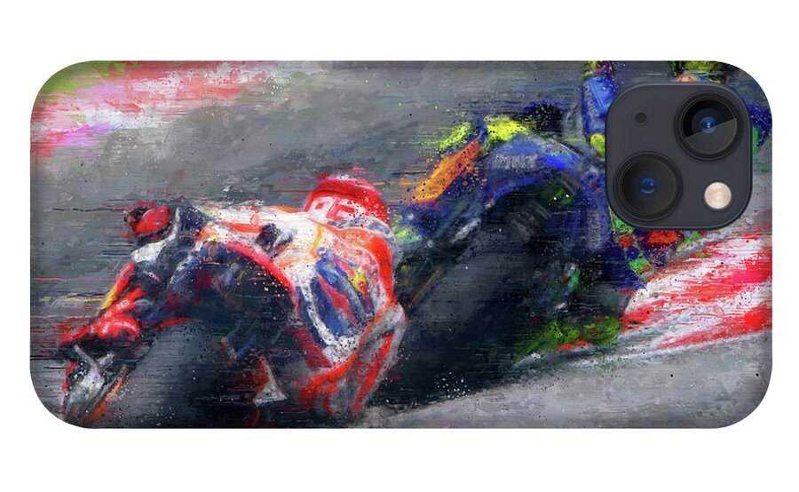 Motorcycle iPhone 13 Case featuring the painting MOTO GP Rossi vs Marquez by Vart by Vart
