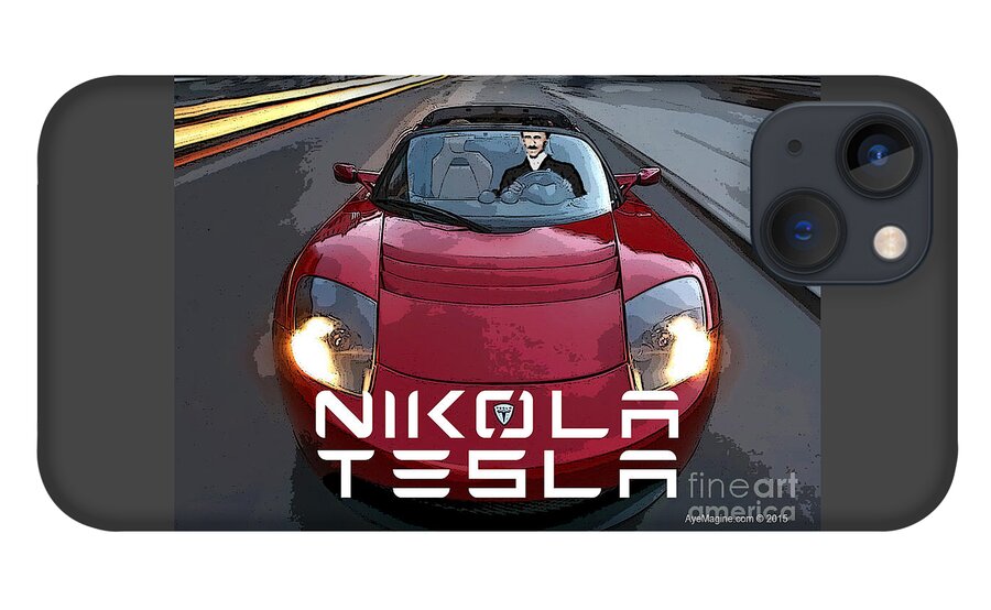 Tesla iPhone 13 Case featuring the digital art Nicola Tesla in a Tesla by Ignatius Graffeo