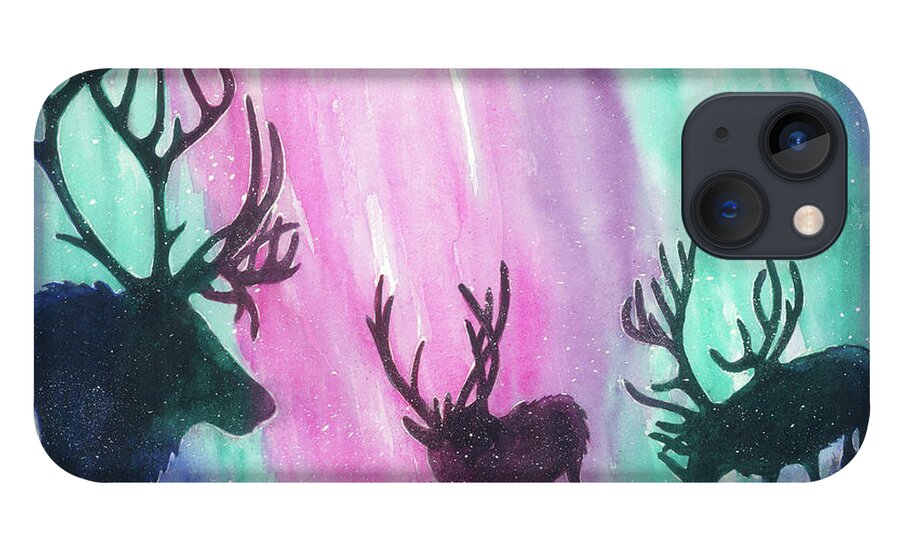 Reindeer iPhone 13 Case featuring the painting North Pole Nightlife by Lori Taylor
