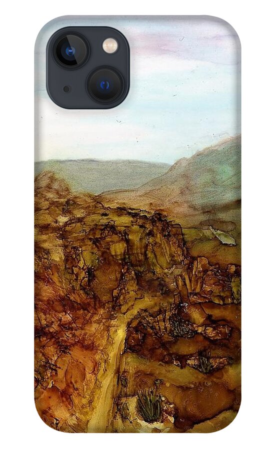 Alcohol Ink iPhone 13 Case featuring the painting North through the canyon by Angela Marinari