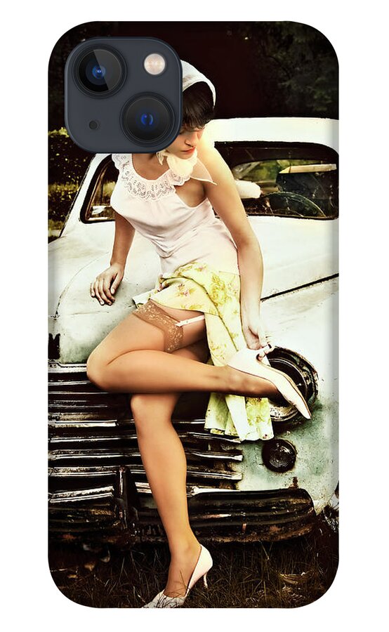 #instagram #edgalagan #galagan #edwardgalagan #nederland #netherlands #dutch #stockings #artgallery #artgalerie #fineartphotography #sexyfashion #eindhoven #stocking #car #auto #nostalgia #pinupmodel #pinupmodels #kousen #pinup #fashion #eduardgalagan #garters #sexymodel #retro #vintage #pinups #fineart #glamour iPhone 13 Case featuring the digital art Nostalgie by Edward Galagan