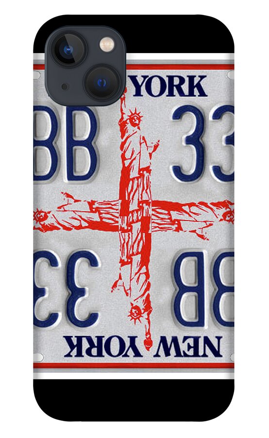 New York iPhone 13 Case featuring the mixed media NY Statue of Liberty Cross Print - Recycled New York License Plates Art by Steven Shaver
