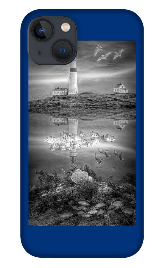 Birds iPhone 13 Case featuring the photograph Ocean's Jewels Lighthouse and Reef Black and White by Debra and Dave Vanderlaan