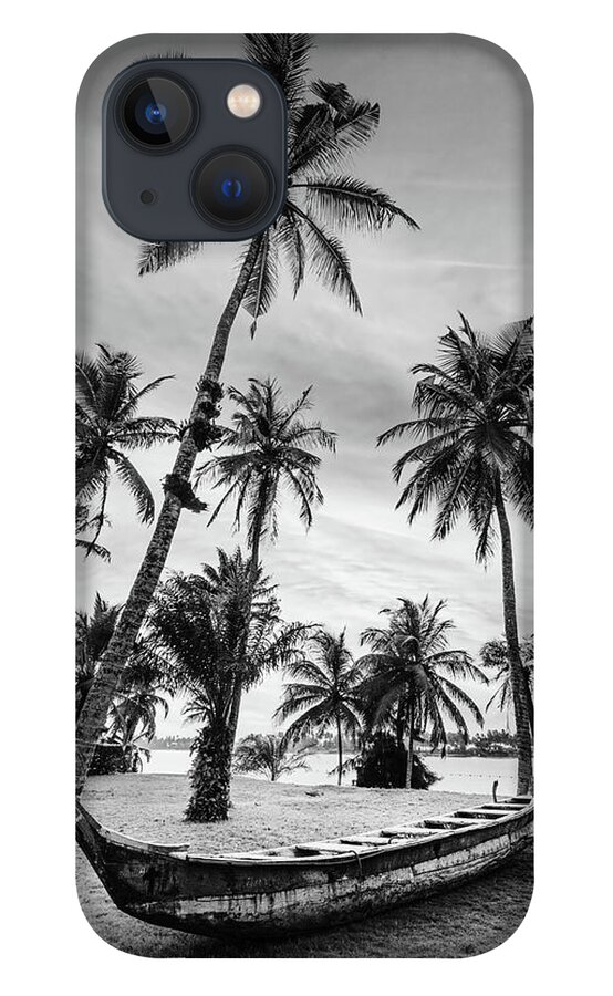 Black iPhone 13 Case featuring the photograph Old Canoe Under the Palms Black and White by Debra and Dave Vanderlaan