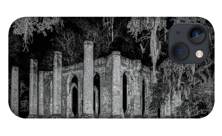 B&w iPhone 13 Case featuring the photograph Old Sheldon Church At Night by Charles Hite