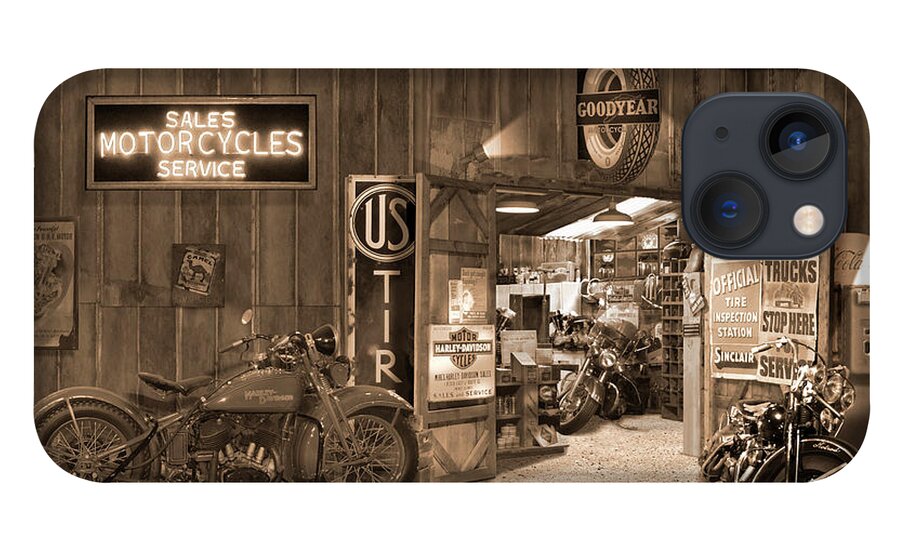 Motorcycle iPhone 13 Case featuring the photograph Outside The Old Motorcycle Shop - Spia by Mike McGlothlen
