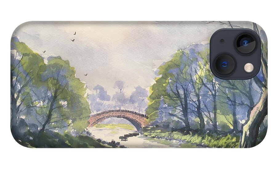 Watercolour iPhone 13 Case featuring the painting Packhorse Bridge at Stainforth after Rain    by Glenn Marshall