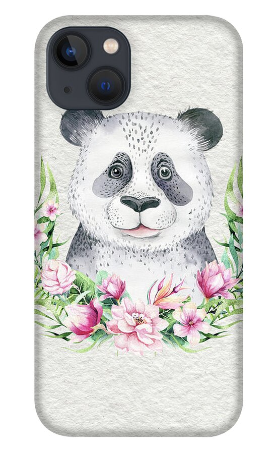 Panda iPhone 13 Case featuring the painting Panda Bear With Flowers by Nursery Art