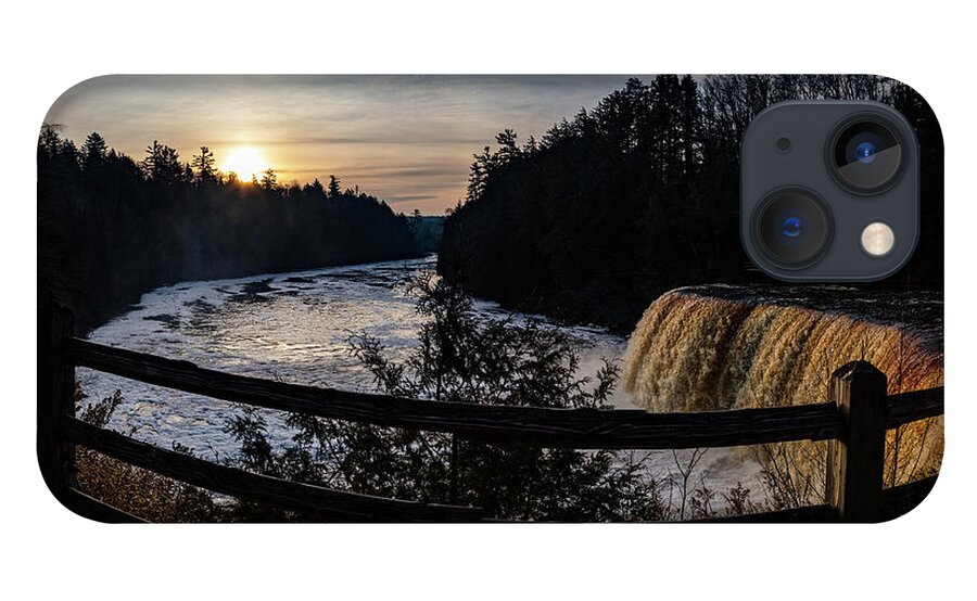 iPhone 13 Case featuring the photograph Panoramic view of sunrise over Tahquamenon Upper Falls by Eldon McGraw