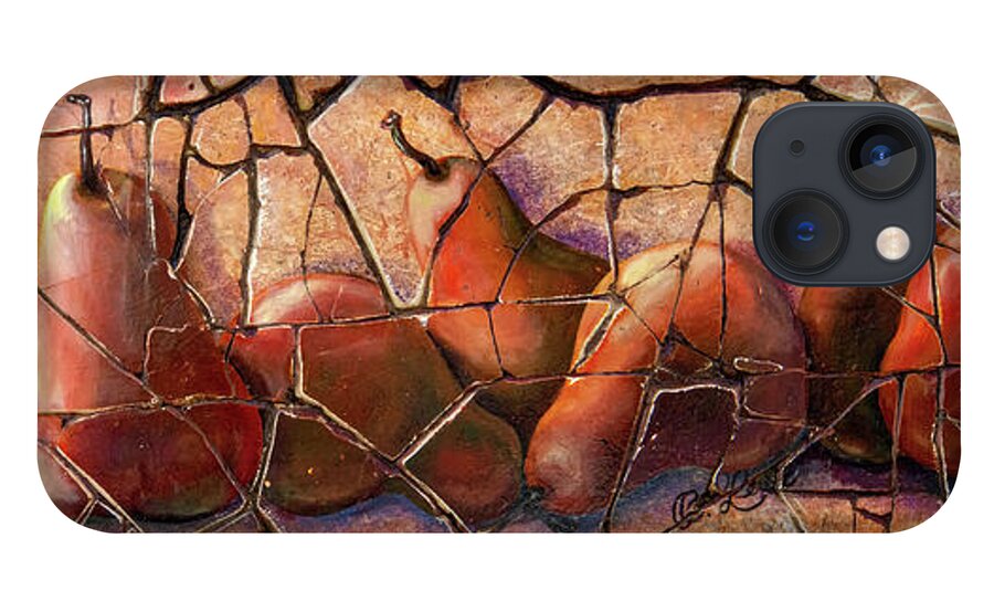 Olena Art iPhone 13 Case featuring the painting Pears Fresco with Crackled Finish by Lena Owens - OLena Art Vibrant Palette Knife and Graphic Design