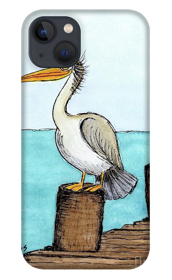 Coastal Bird iPhone 13 Case featuring the painting Pelican Perched on Pier by Donna Mibus