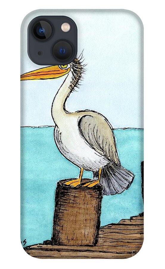 Coastal Bird iPhone 13 Case featuring the painting Pelican Perched on Pier by Donna Mibus
