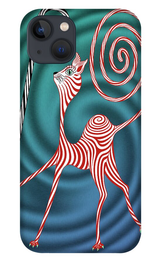 Enlightened Animals iPhone 13 Case featuring the digital art Peppermint Kitty Cane by Becky Titus