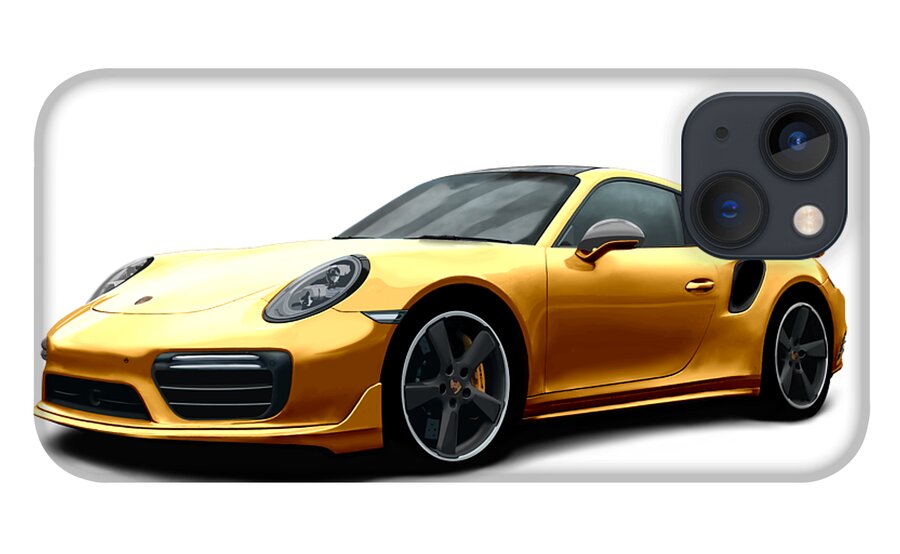 Hand Drawn iPhone 13 Case featuring the digital art Porsche 911 991 Turbo S Digitally Drawn - Gold by Moospeed Art