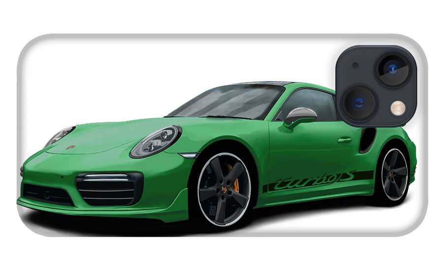 Hand Drawn iPhone 13 Case featuring the digital art Porsche 911 991 Turbo S Digitally Drawn - Green with side decals script by Moospeed Art