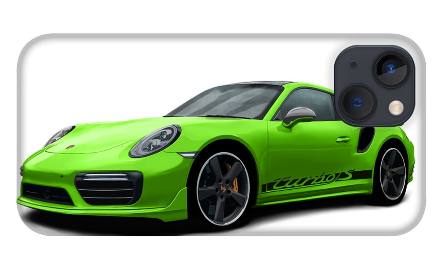 Hand Drawn iPhone 13 Case featuring the digital art Porsche 911 991 Turbo S Digitally Drawn - Light Green with side decals script by Moospeed Art