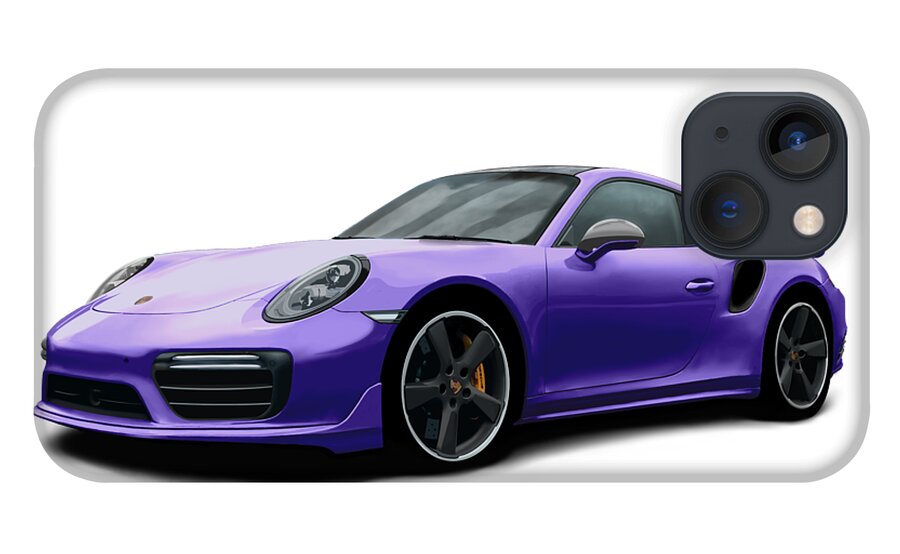 Hand Drawn iPhone 13 Case featuring the digital art Porsche 911 991 Turbo S Digitally Drawn - Purple by Moospeed Art