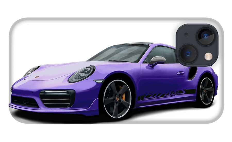 Hand Drawn iPhone 13 Case featuring the digital art Porsche 911 991 Turbo S Digitally Drawn - Purple with side decals script by Moospeed Art