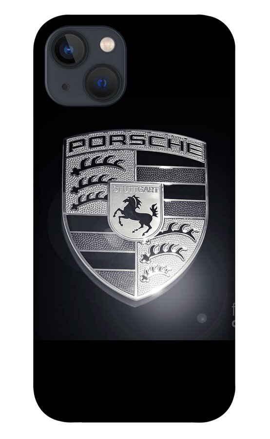 Porsche iPhone 13 Case featuring the photograph Porsche Car Emblem isolated BW by Stefano Senise
