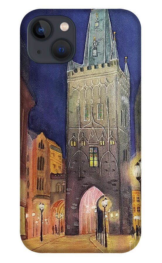 Prague iPhone 13 Case featuring the painting Powder Tower-Prague by Petra Burgmann